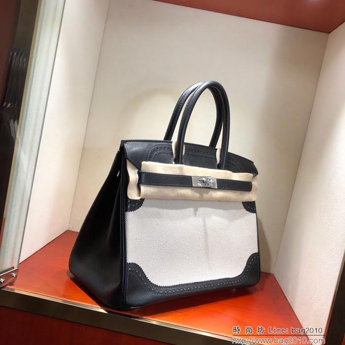 HERMES愛馬仕 鉑金包 Birkin Ghillies 30Cm Swif拼Tc 89 Noir 黑色 銀扣 頂級工藝 手縫蠟線 時尚手提包  Ama1598